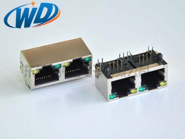 東莞RJ45廠家 1X2 雙聯體56系列帶燈帶屏蔽殼 8P8C